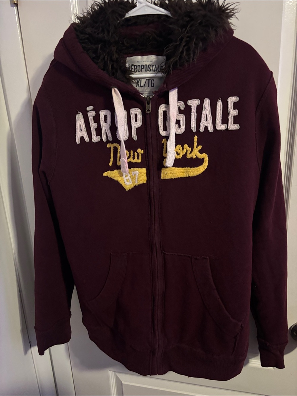 Aeropostale Maroon Zip-Up Hoodie with Fur-Trim Hood